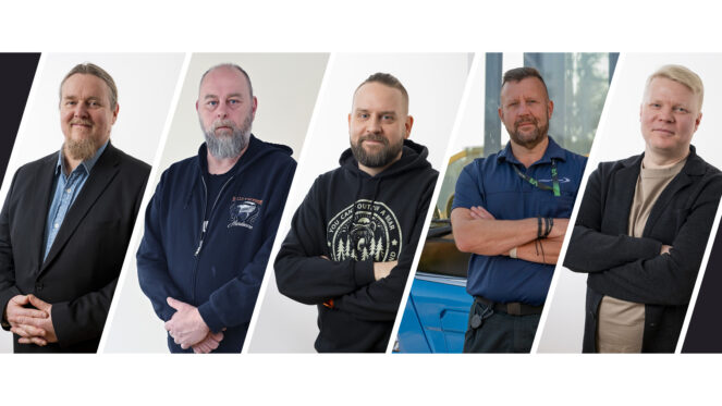 Kuvassa Ismo Kokko, Juha Anttila, Antti Sainola, Janne NIkama sekä Niko Blom vinoneliökuvioiden sisällä rivissä.