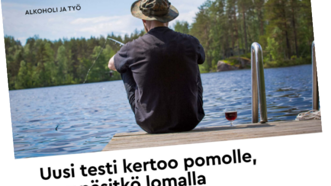 Kuvassa onkiva mies selin laiturilla ja alku juttutekstistä,.