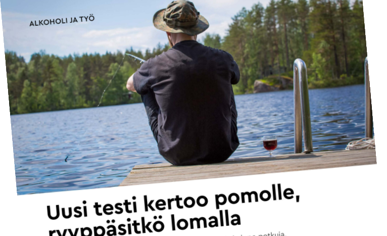 Kuvassa onkiva mies selin laiturilla ja alku juttutekstistä,.