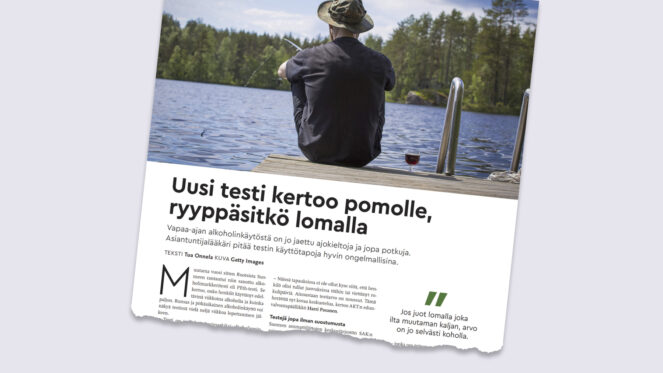 Kuvassa revinnäinen AKT-lehden aiemmasta jutusta "Uusi testi kertoo pomolle, ryyppäsitkö lomalla"